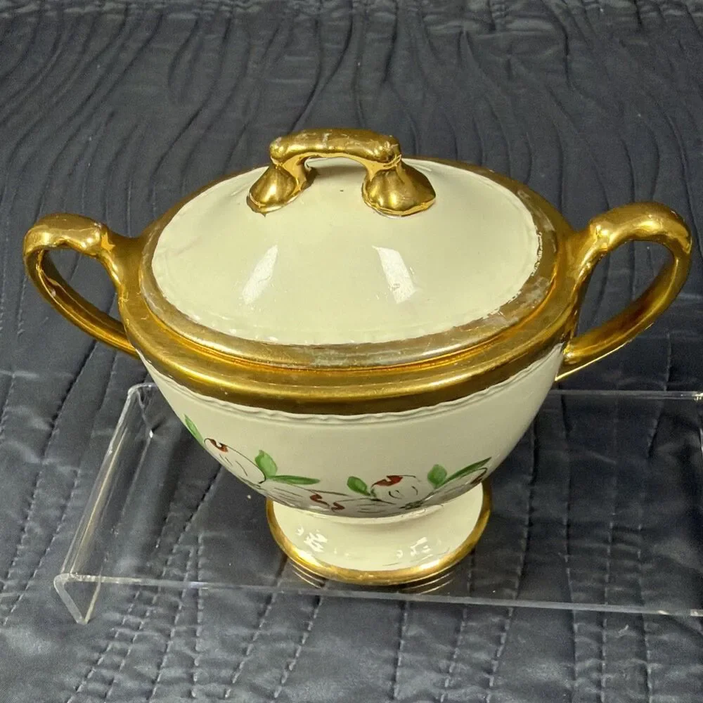 Vintage Porcelain Covered Sugar Bowl Dogwood Flowers Gold Trim Handles Lid